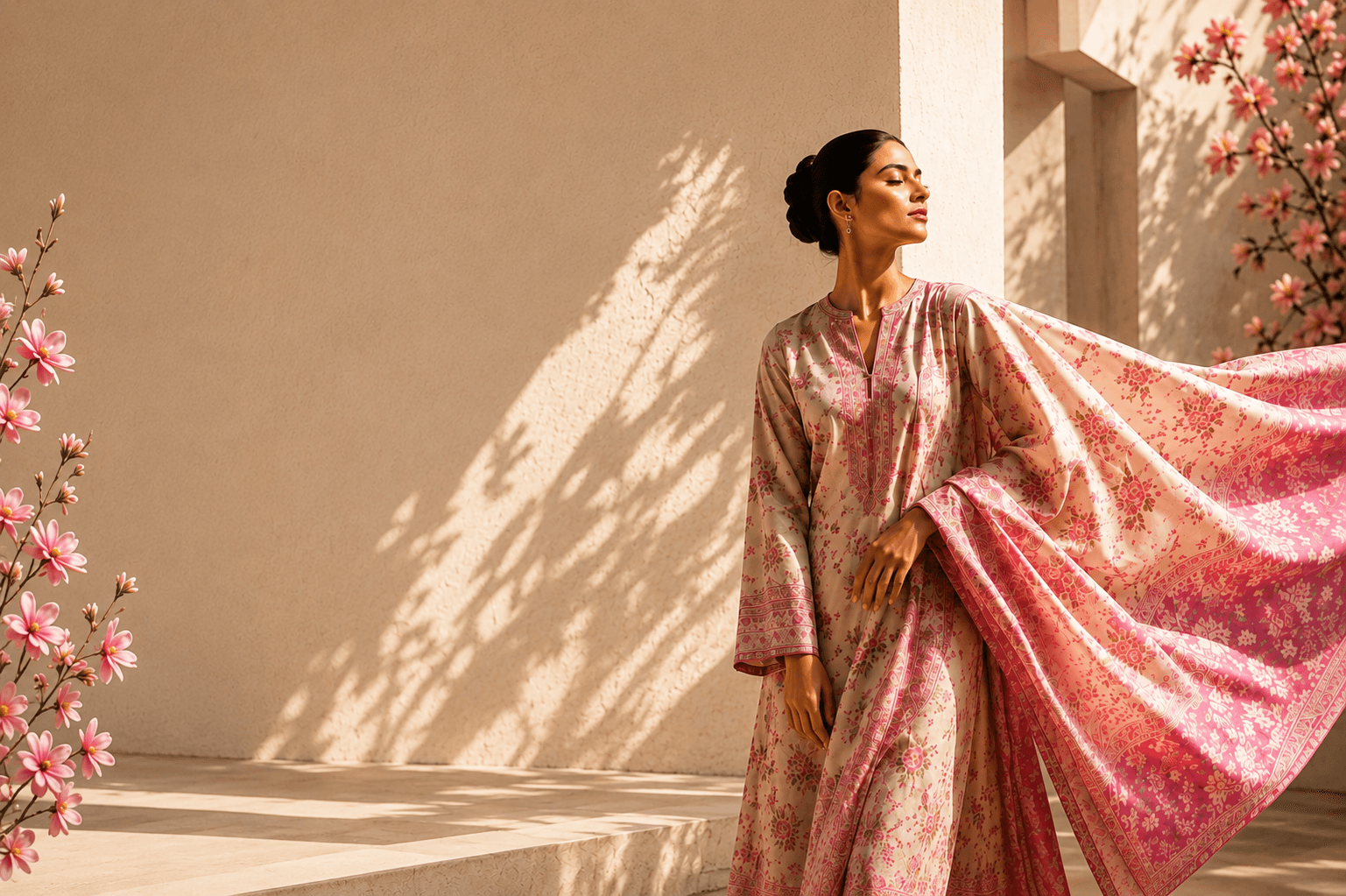 Aman Kay Rang — woman in handcrafted Pakistani floral lawn dress